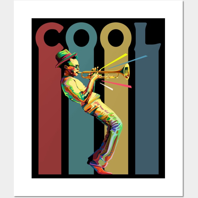 Cool - Retro design with a jazz trumpet player Wall Art by Blended Designs